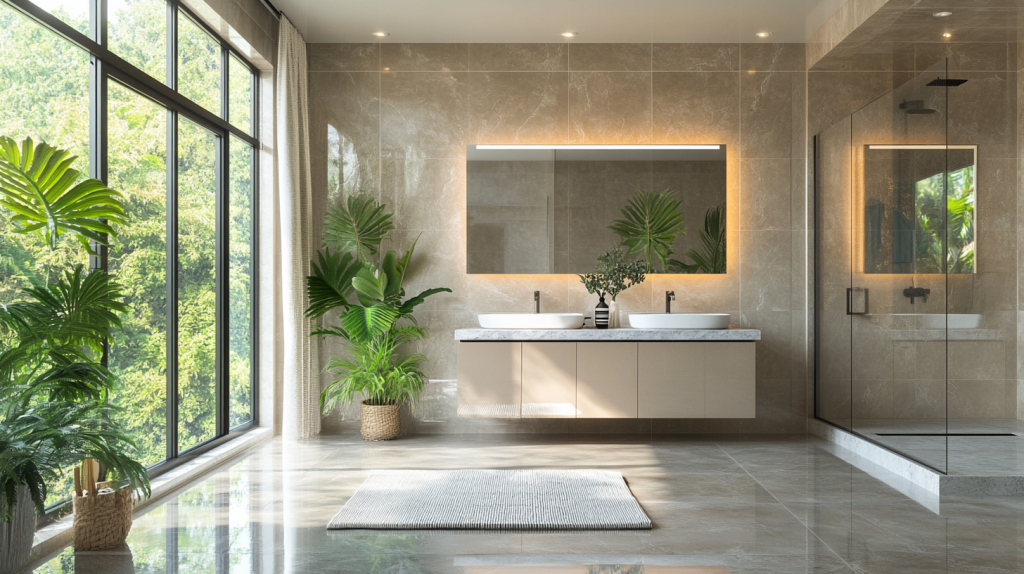 łazienka w jasnych płytkach