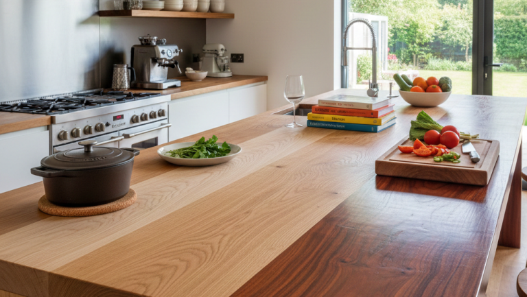 Obraz przedstawia nowoczesną, jasną i przestronną kuchnię z dużym naciskiem na naturalne materiały, zwłaszcza drewno