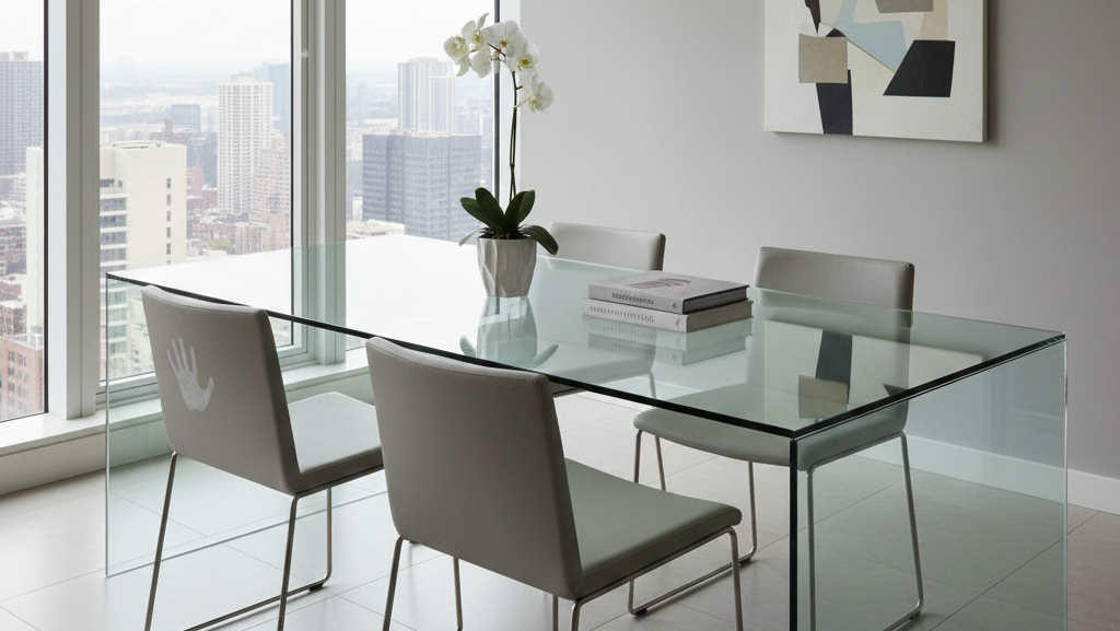 Obraz przedstawia nowoczesną, minimalistyczną jadalnię lub salę konferencyjną w apartamencie z widokiem na miasto