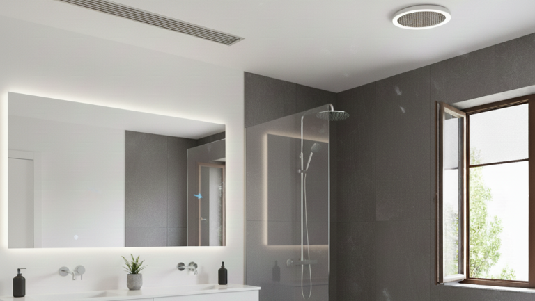 Obraz przedstawia elegancką i nowoczesną łazienkę utrzymaną w stonowanej, szarej i białej kolorystyce