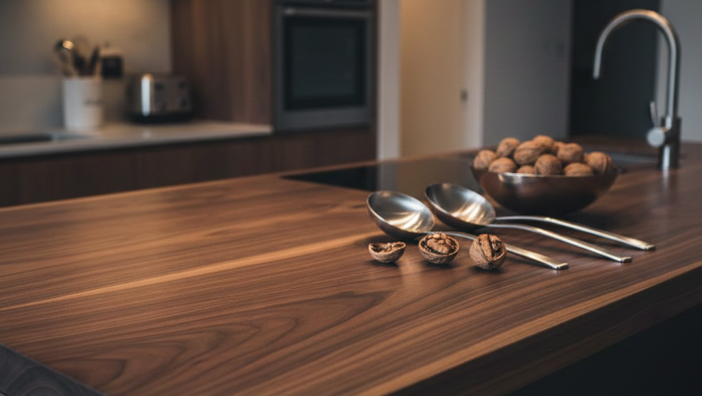 Zdjęcie przedstawia zbliżenie na elegancki blat kuchenny wykonany z drewna orzechowego, sfotografowany w realistycznym, nieco stonowanym oświetleniu