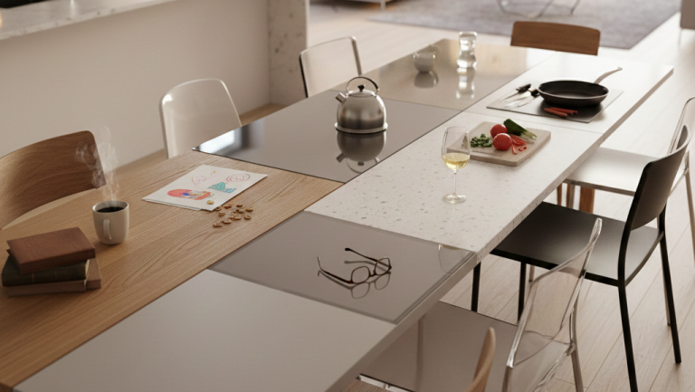 Obraz przedstawia duży stół w nowoczesnym, jasnym wnętrzu, który jest złożony z segmentów wykonanych z różnych materiałów blatowych, co bezpośrednio nawiązuje do tematu przewodnika o blatach