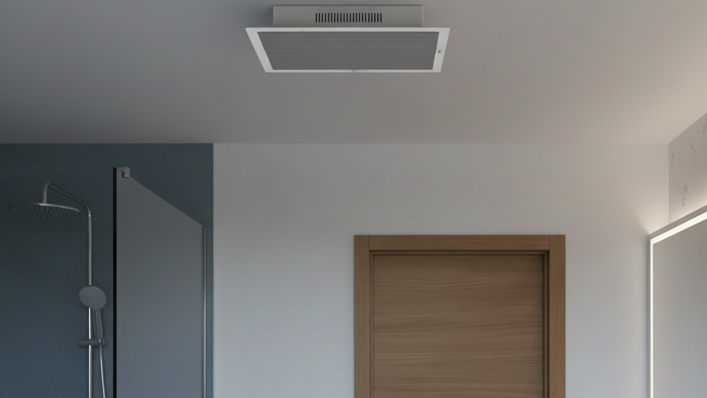 Obraz przedstawia realistyczne wnętrze nowoczesnej łazienki bez okna, skupiając się na kluczowych elementach systemu wentylacji, zgodnie z wymaganiami technicznymi