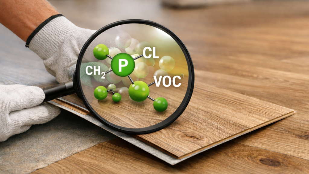 Obraz przedstawia realistyczną scenę układania paneli winylowych w nowoczesnym wnętrzu