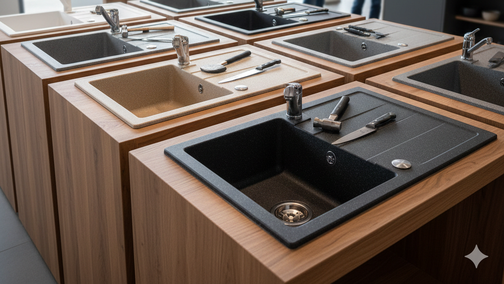 Obraz przedstawia wnętrze nowoczesnego salonu z wyposażeniem kuchni, skupiając się na ekspozycji zlewozmywaków