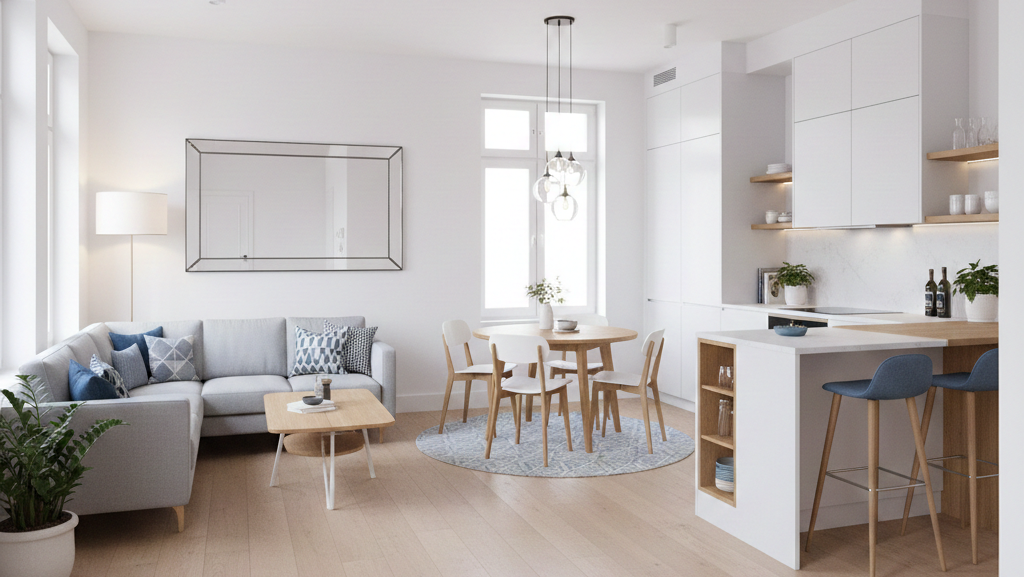 Obraz pokazujący mały salon z jadalnią
