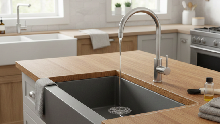 Obraz przedstawia jasną, nowoczesną kuchnię z wyraźnym skupieniem na strefie zmywania