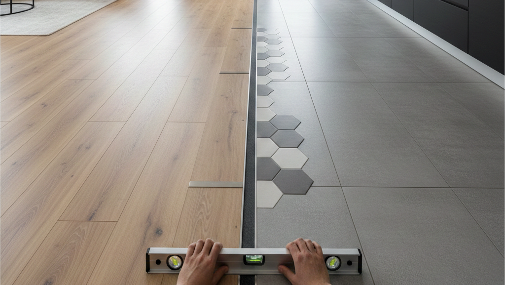 Obraz przedstawia nowoczesne, otwarte wnętrze, w którym strefa kuchenna płynnie łączy się z salonem