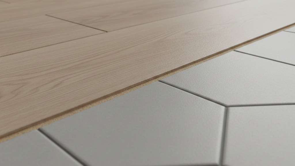 Obraz przedstawia bliskie ujęcie nowoczesnego wykończenia podłogi, w którym stykają się dwa różne materiały bez użycia tradycyjnej listwy progowej