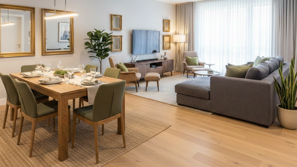 Grafika prezentuje nowoczesne, przestronne i jasne wnętrze utrzymane w spójnej kolorystyce beżu, szarości oraz naturalnego drewna z akcentami przygaszonej zieleni