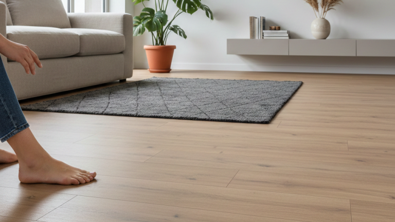 Obraz przedstawia nowoczesne, minimalistyczne wnętrze salonu, w którym głównym punktem uwagi jest podłoga wykonana z paneli winylowych